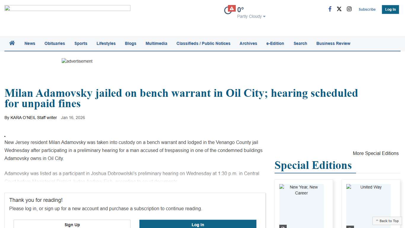 Oil City Landowner Milan Adamovsky Jailed on Bench Warrant | Front Page | thederrick.com